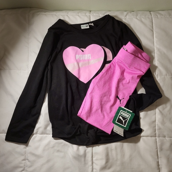 Puma Black and Pink Long Sleeve Shirt and Leggings Set - Picture 1 of 6